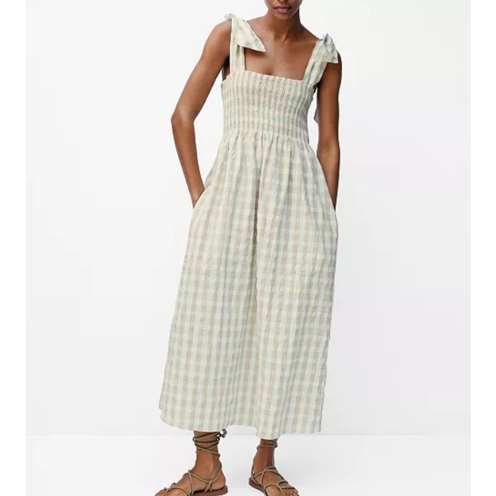 Mango Green Cream Smocked Midi Sundress